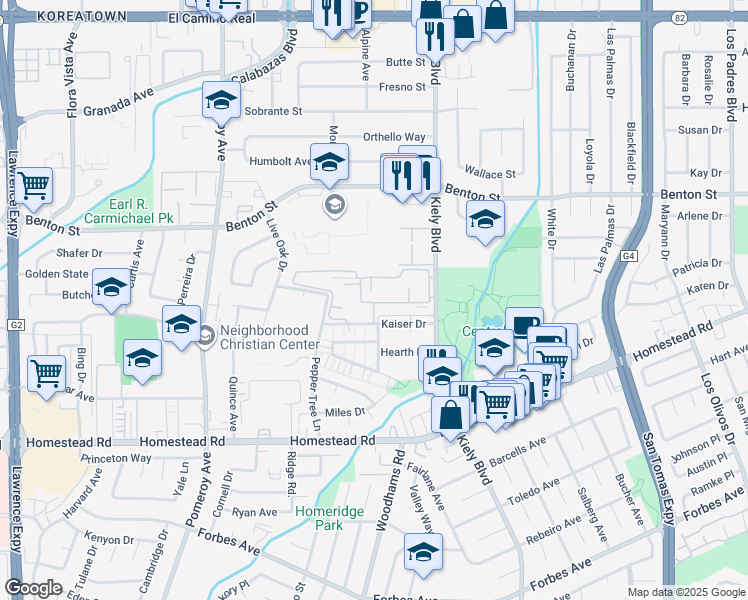 map of restaurants, bars, coffee shops, grocery stores, and more near 952 Kiely Boulevard in Santa Clara