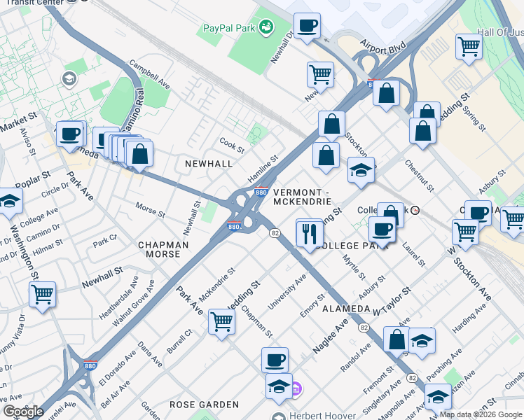 map of restaurants, bars, coffee shops, grocery stores, and more near 1978 The Alameda in San Jose