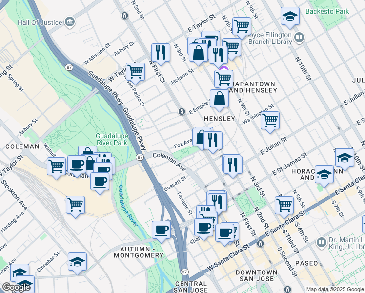 map of restaurants, bars, coffee shops, grocery stores, and more near 106 Fox Avenue in San Jose