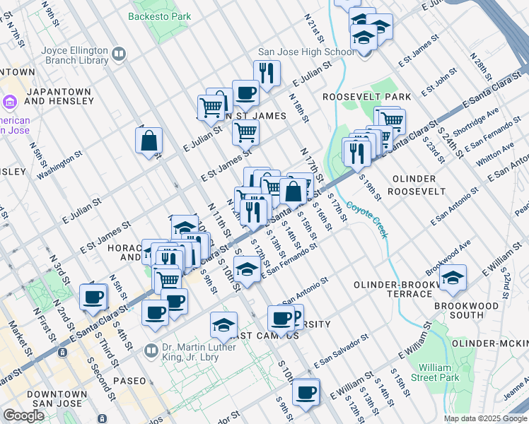 map of restaurants, bars, coffee shops, grocery stores, and more near in San Jose