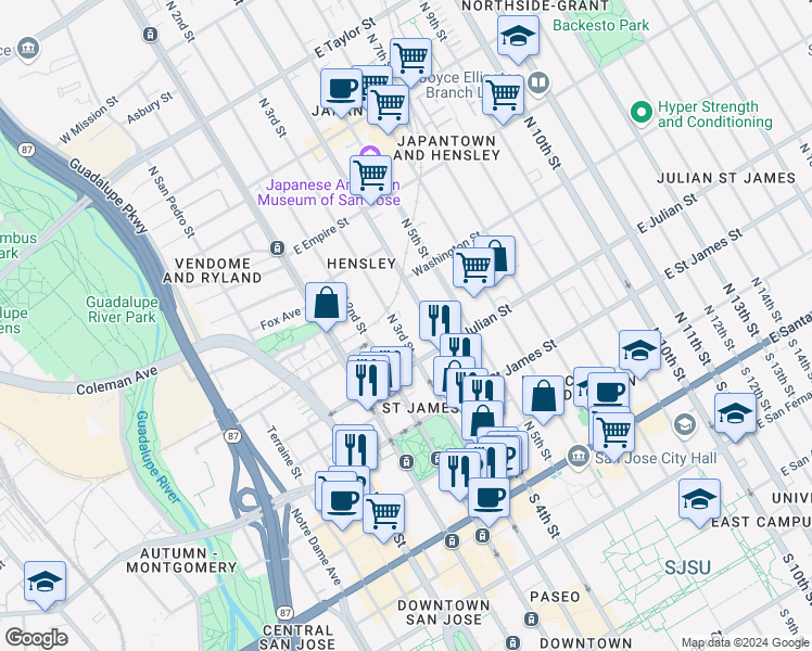 map of restaurants, bars, coffee shops, grocery stores, and more near 329 North 4th Street in San Jose