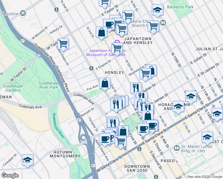 map of restaurants, bars, coffee shops, grocery stores, and more near 415 North 2nd Street in San Jose