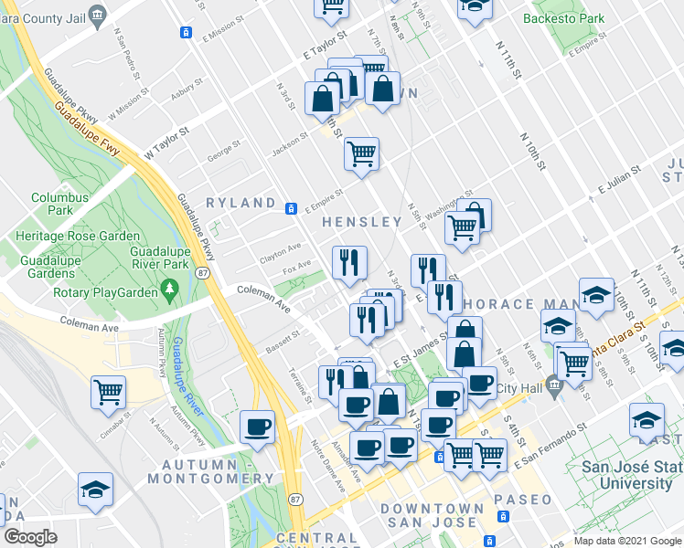 map of restaurants, bars, coffee shops, grocery stores, and more near 415 North 2nd Street in San Jose
