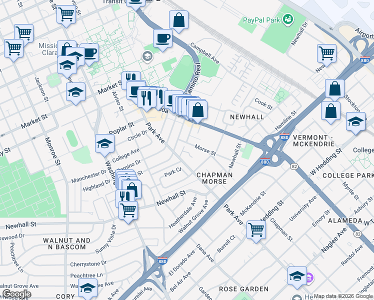 map of restaurants, bars, coffee shops, grocery stores, and more near 2308 Chapman Court in Santa Clara