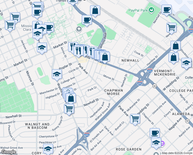 map of restaurants, bars, coffee shops, grocery stores, and more near 2308 Chapman Court in Santa Clara
