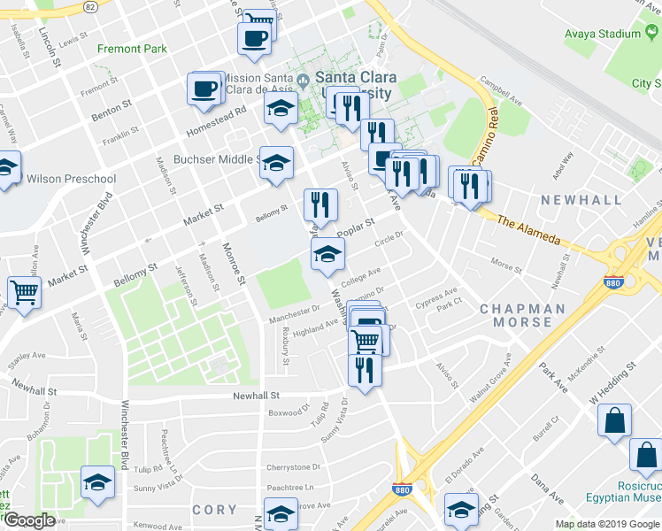 map of restaurants, bars, coffee shops, grocery stores, and more near 935 Circle Drive in Santa Clara