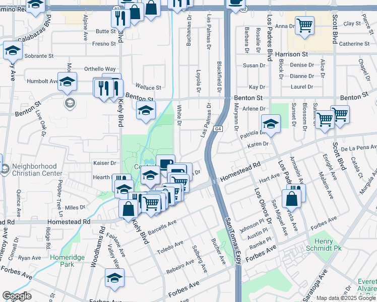 map of restaurants, bars, coffee shops, grocery stores, and more near 931 White Drive in Santa Clara