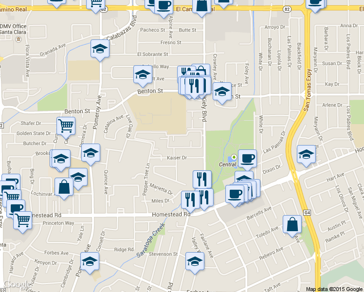 map of restaurants, bars, coffee shops, grocery stores, and more near 2901 Via Roma Place in Santa Clara