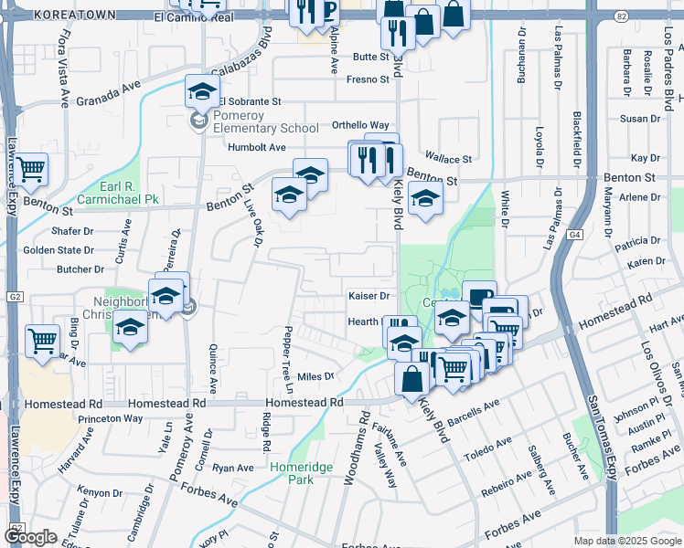 map of restaurants, bars, coffee shops, grocery stores, and more near 2901 Via Roma Place in Santa Clara