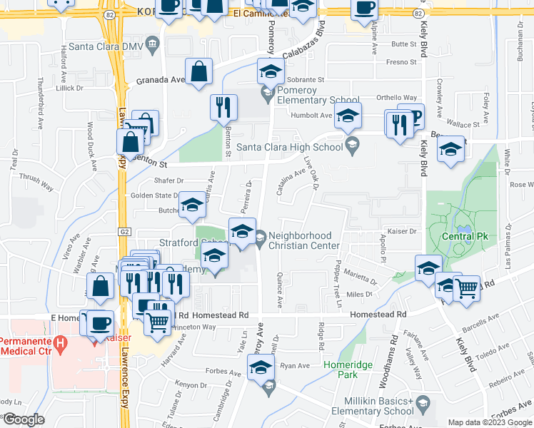 map of restaurants, bars, coffee shops, grocery stores, and more near 926 Pomeroy Avenue in Santa Clara