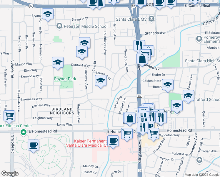 map of restaurants, bars, coffee shops, grocery stores, and more near 3760 Benton Street in Santa Clara