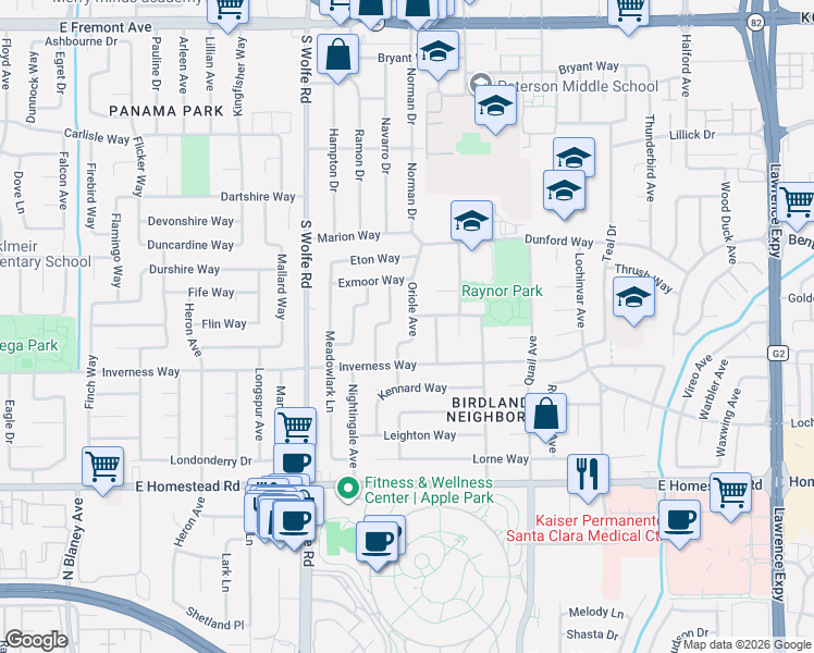 map of restaurants, bars, coffee shops, grocery stores, and more near 1574 Oriole Avenue in Sunnyvale