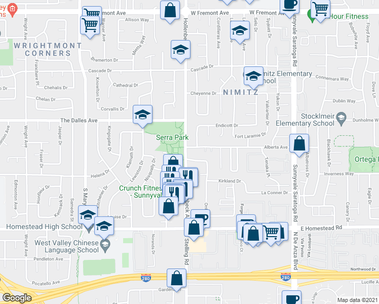 map of restaurants, bars, coffee shops, grocery stores, and more near 699 Grand Coulee Avenue in Sunnyvale