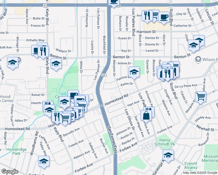 map of restaurants, bars, coffee shops, grocery stores, and more near 2416 Karen Drive in Santa Clara