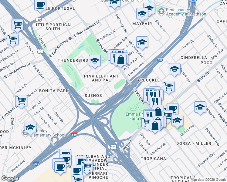 map of restaurants, bars, coffee shops, grocery stores, and more near 680 South 34th Street in San Jose