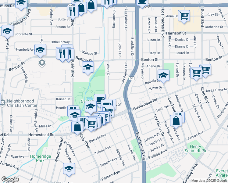 map of restaurants, bars, coffee shops, grocery stores, and more near 931 White Drive in Santa Clara