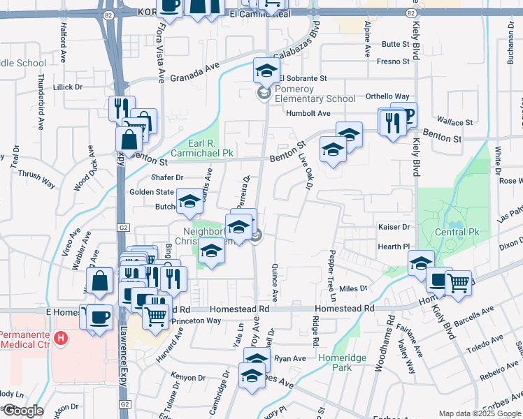 map of restaurants, bars, coffee shops, grocery stores, and more near 935 Pomeroy Avenue in Santa Clara