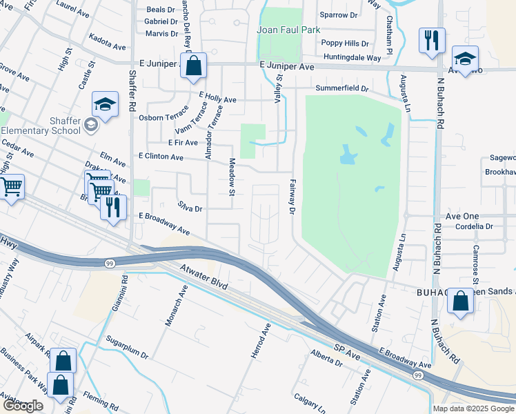 map of restaurants, bars, coffee shops, grocery stores, and more near 152 Seville Court in Atwater