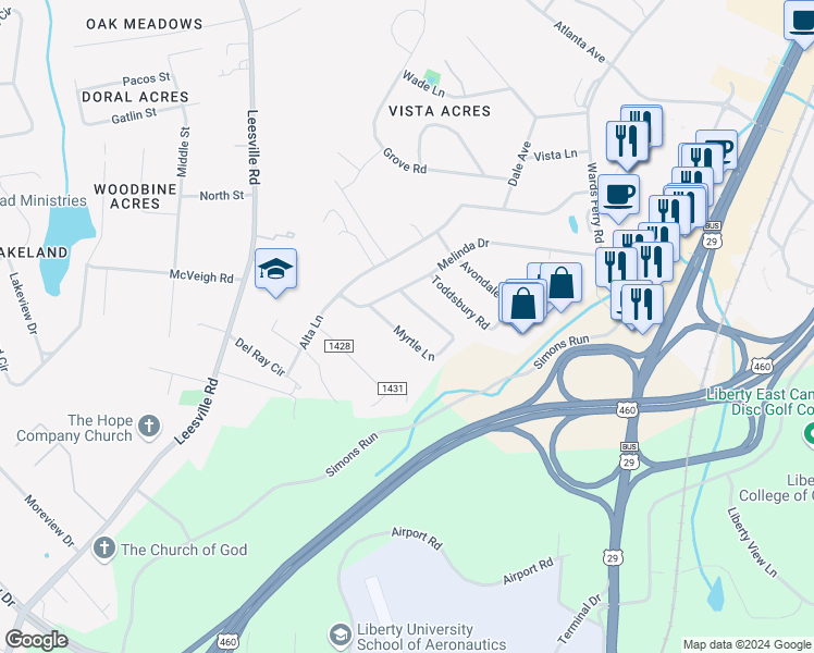 map of restaurants, bars, coffee shops, grocery stores, and more near 274 Myrtle Lane in Lynchburg
