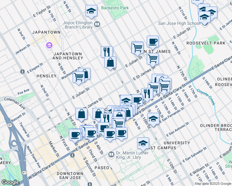 map of restaurants, bars, coffee shops, grocery stores, and more near 185 North 9th Street in San Jose