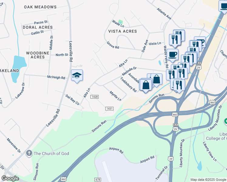 map of restaurants, bars, coffee shops, grocery stores, and more near 274 Myrtle Lane in Lynchburg