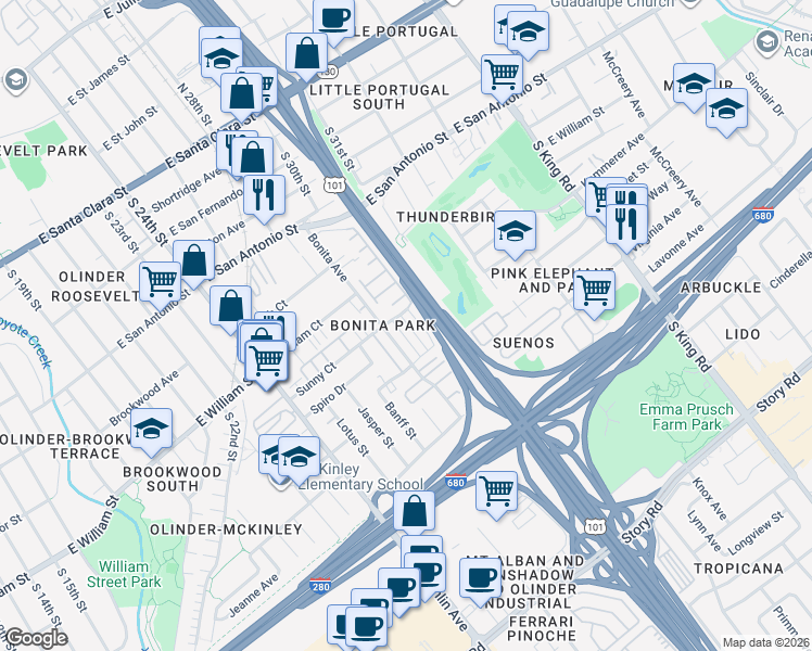 map of restaurants, bars, coffee shops, grocery stores, and more near 540 Bonita Avenue in San Jose