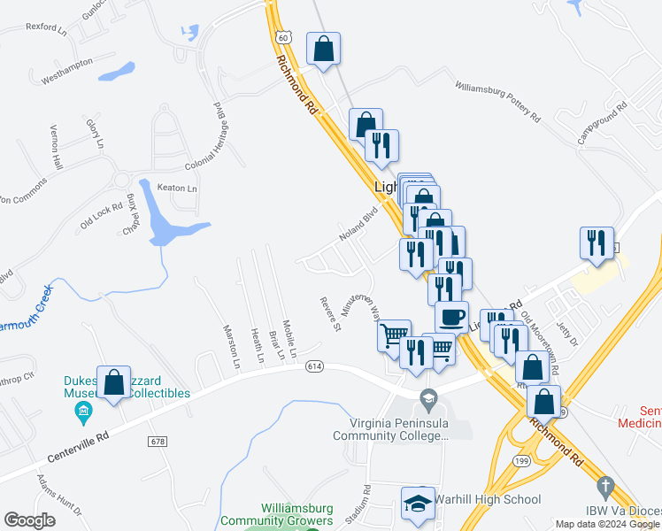 map of restaurants, bars, coffee shops, grocery stores, and more near 6523 Campaign Street in Williamsburg