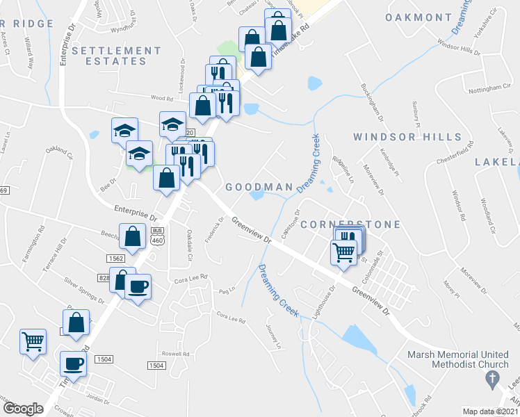 map of restaurants, bars, coffee shops, grocery stores, and more near 1044 Greenview Drive in Lynchburg