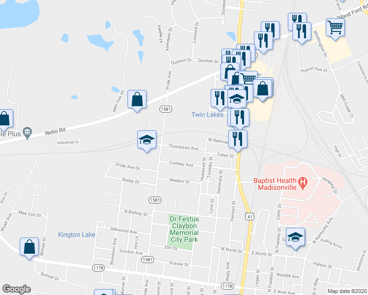 map of restaurants, bars, coffee shops, grocery stores, and more near 384 Thompson Avenue in Madisonville