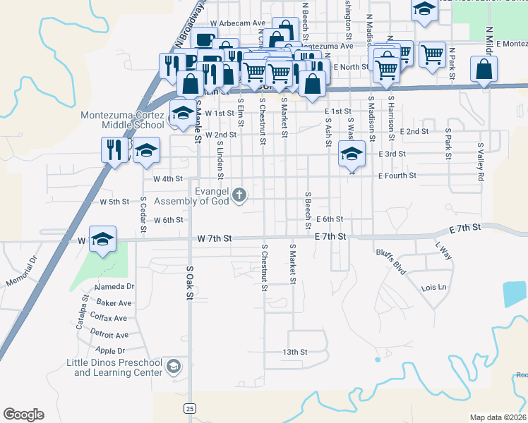 map of restaurants, bars, coffee shops, grocery stores, and more near 601 South Chestnut Street in Cortez