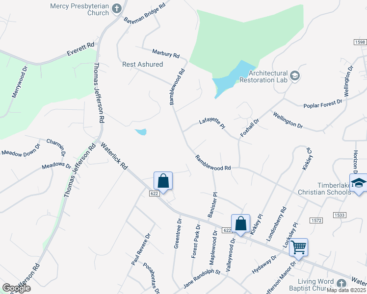 map of restaurants, bars, coffee shops, grocery stores, and more near 503 Ramblewood Road in Forest
