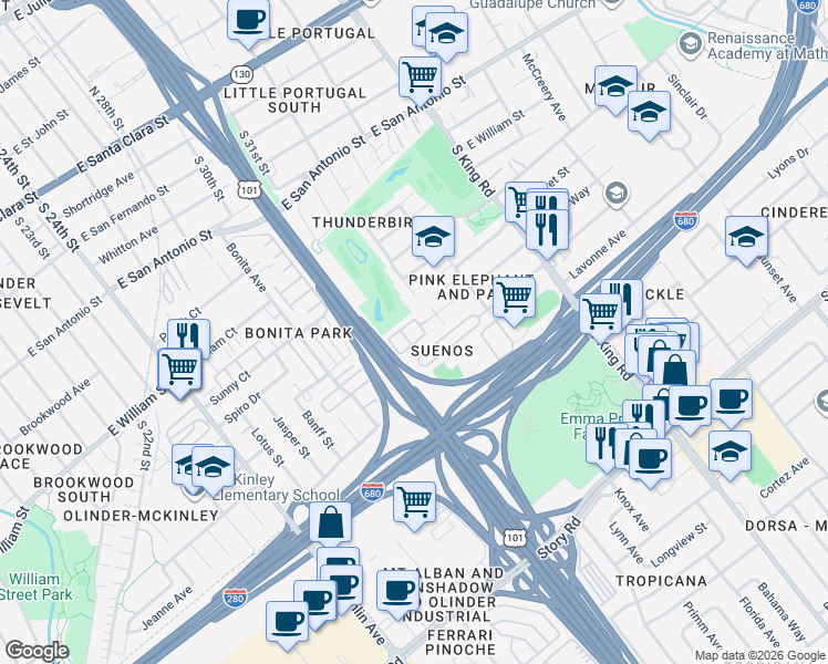map of restaurants, bars, coffee shops, grocery stores, and more near 1500 Virginia Place in San Jose
