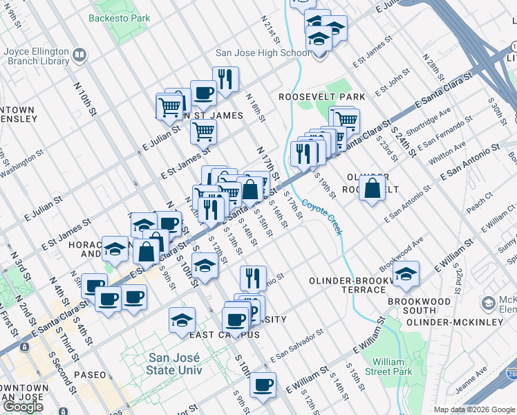 map of restaurants, bars, coffee shops, grocery stores, and more near 12 South 15th Street in San Jose