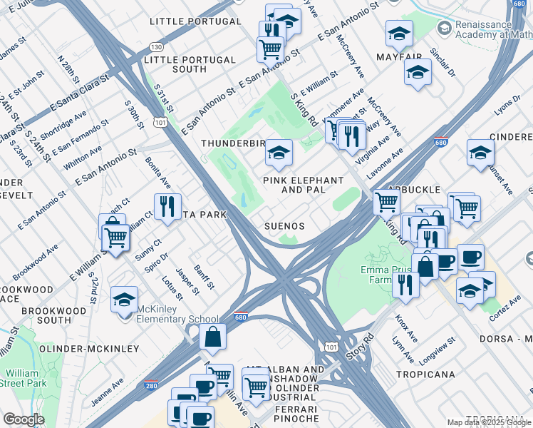 map of restaurants, bars, coffee shops, grocery stores, and more near 1500 Virginia Place in San Jose