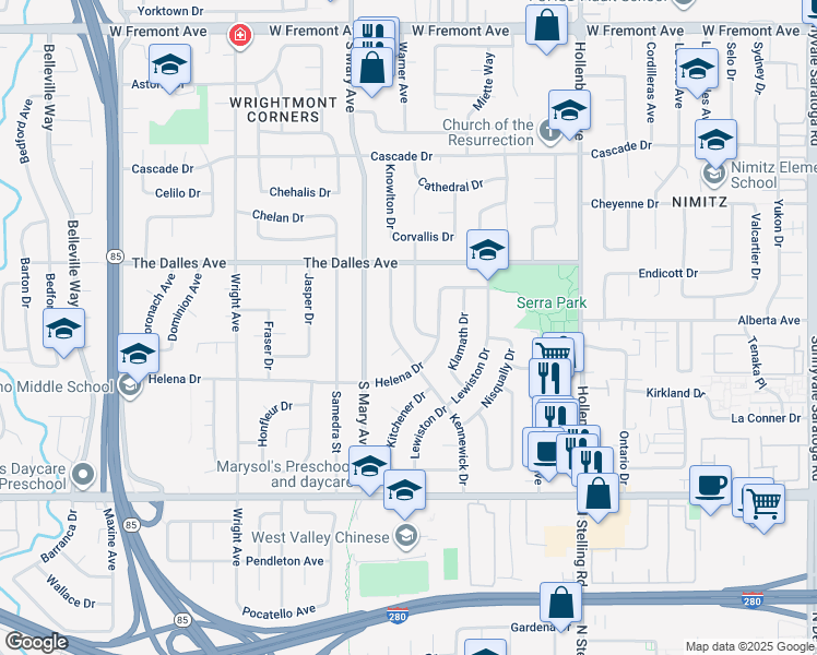map of restaurants, bars, coffee shops, grocery stores, and more near 1561 Kingsgate Drive in Sunnyvale