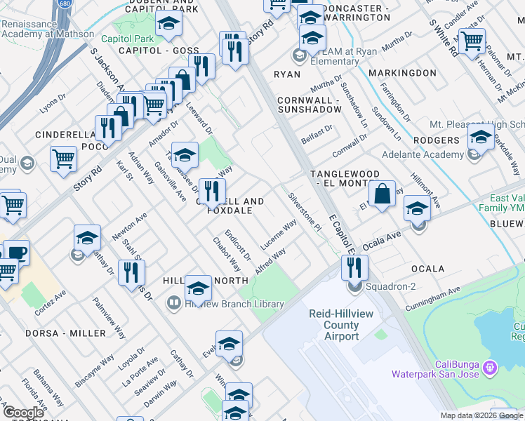 map of restaurants, bars, coffee shops, grocery stores, and more near 1529 Foxdale Court in San Jose