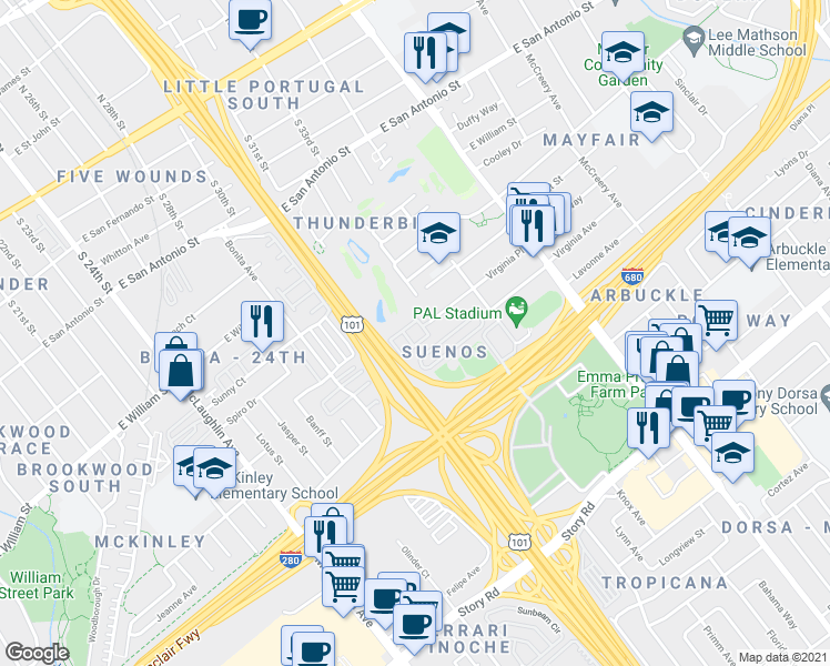 map of restaurants, bars, coffee shops, grocery stores, and more near 1500 Virginia Place in San Jose
