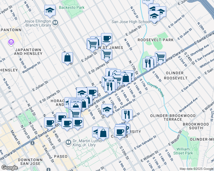 map of restaurants, bars, coffee shops, grocery stores, and more near 75 North 12th Street in San Jose