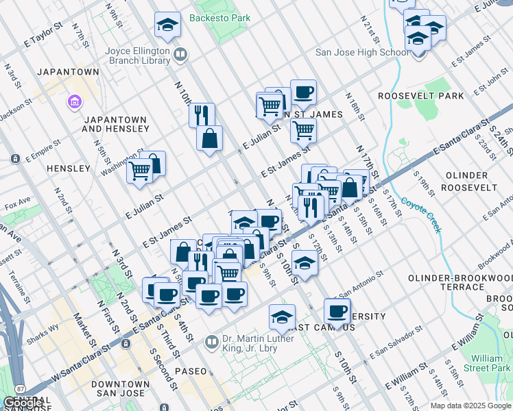 map of restaurants, bars, coffee shops, grocery stores, and more near 121 North 10th Street in San Jose