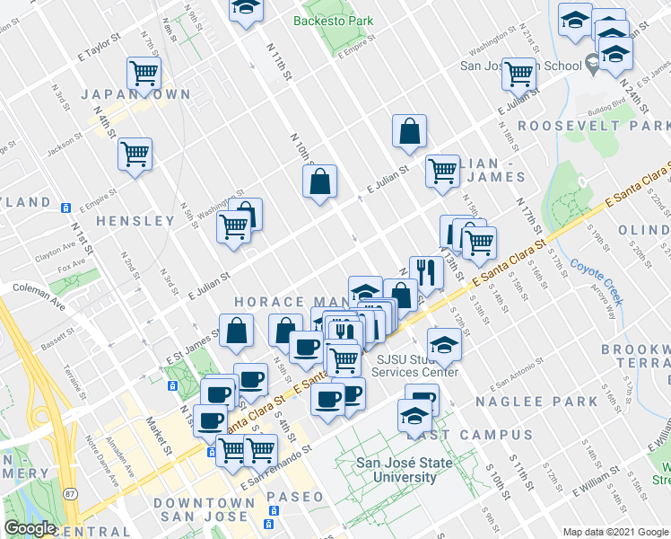 map of restaurants, bars, coffee shops, grocery stores, and more near 161 North 9th Street in San Jose
