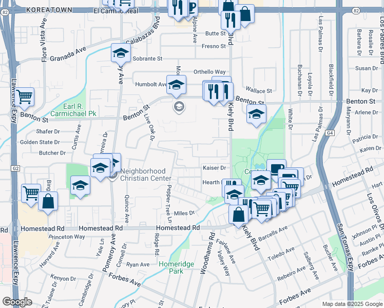 map of restaurants, bars, coffee shops, grocery stores, and more near 3011 Kaiser Drive in Santa Clara