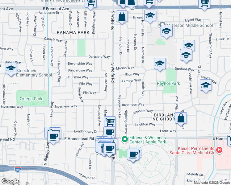 map of restaurants, bars, coffee shops, grocery stores, and more near 1564 South Wolfe Road in Sunnyvale