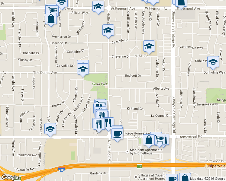 map of restaurants, bars, coffee shops, grocery stores, and more near 699 Grand Coulee Avenue in Sunnyvale