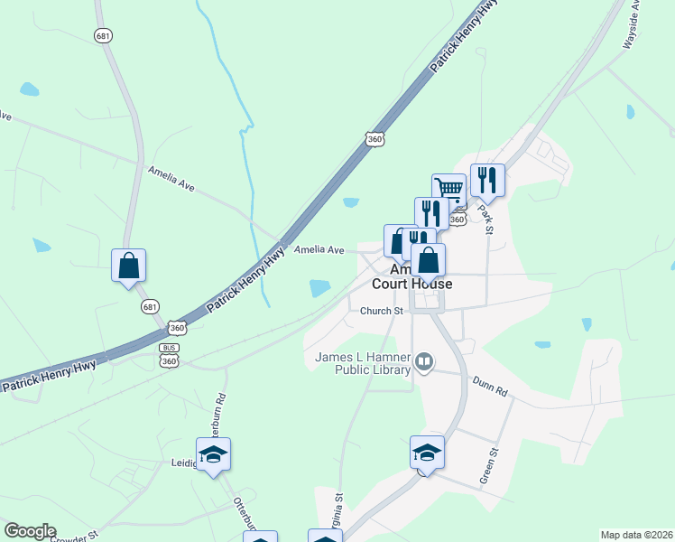 map of restaurants, bars, coffee shops, grocery stores, and more near in Amelia Court House