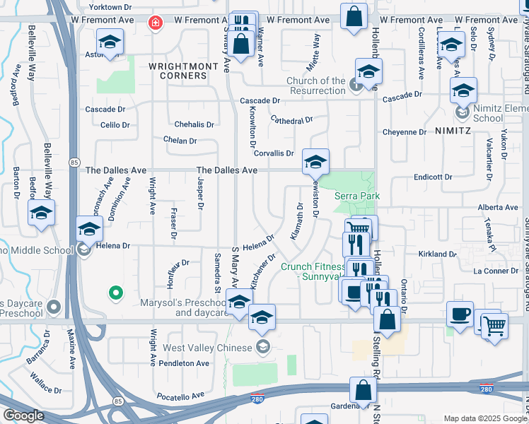 map of restaurants, bars, coffee shops, grocery stores, and more near 1561 Kingsgate Drive in Sunnyvale