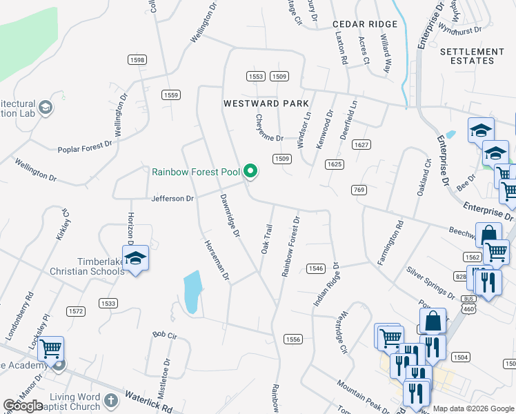 map of restaurants, bars, coffee shops, grocery stores, and more near 984 Rainbow Forest Drive in Lynchburg