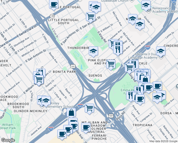 map of restaurants, bars, coffee shops, grocery stores, and more near 1500 Virginia Place in San Jose