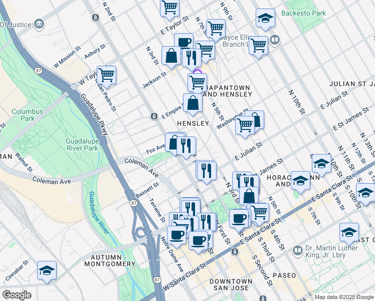 map of restaurants, bars, coffee shops, grocery stores, and more near 415 North 2nd Street in San Jose