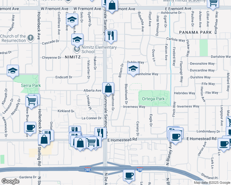 map of restaurants, bars, coffee shops, grocery stores, and more near 1560 Albatross Drive in Sunnyvale