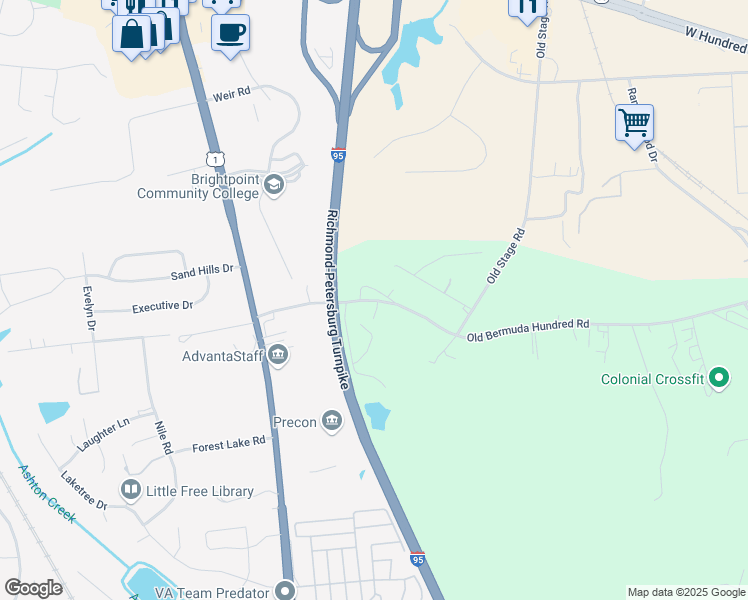map of restaurants, bars, coffee shops, grocery stores, and more near Old Bermuda Hundred Road in Chester